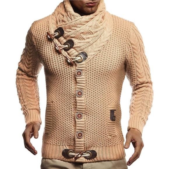 Men's Knitted Turtleneck Jacket - Winter Cardigan Sweater - Tan